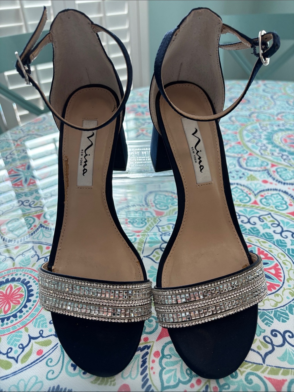 Nina Navy Ankle-Strap Block Heel Sandals with Crystal Straps